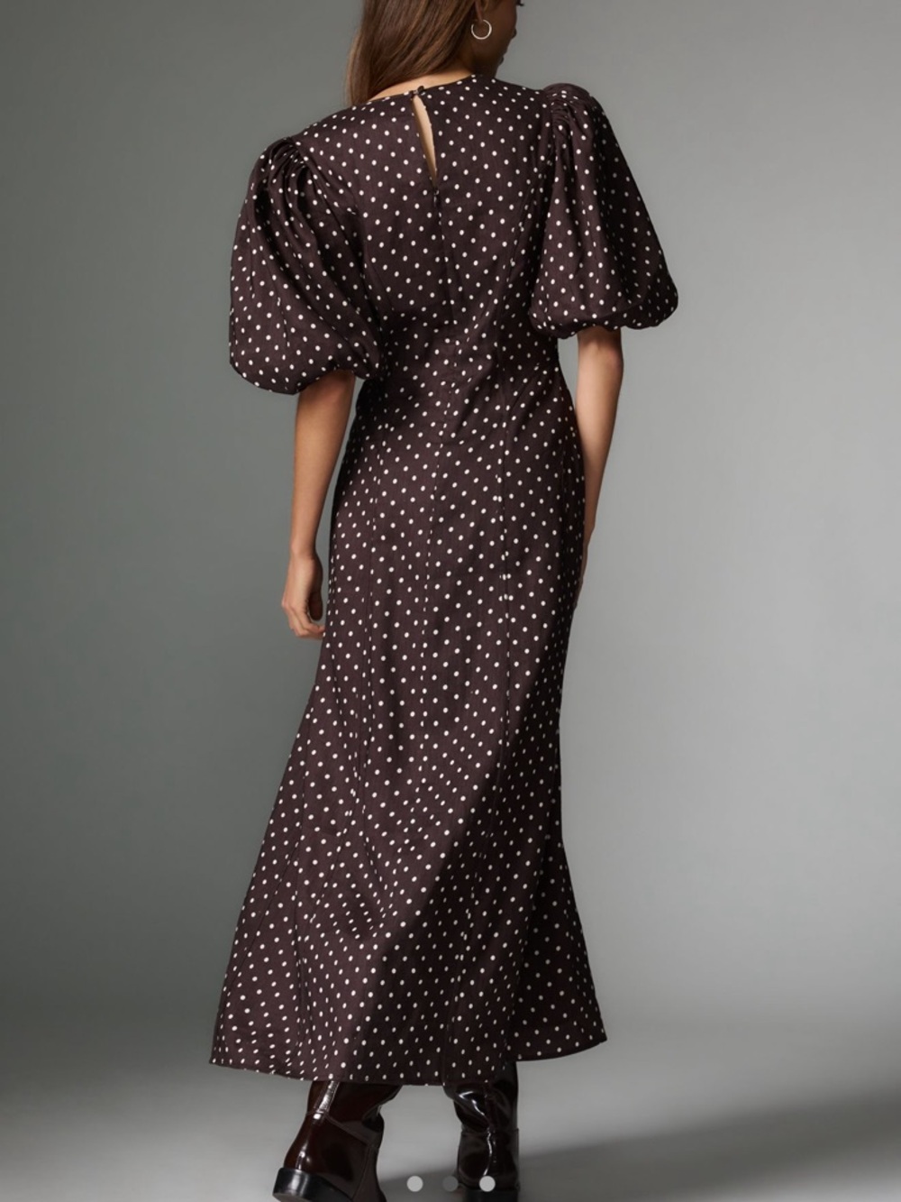 Brown Polka Dot Puff-Sleeve Maxi Dress - Picture 2 of 6